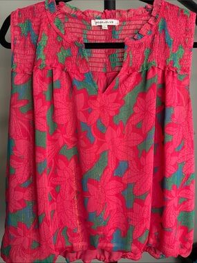 🌹Rose & Olive Gorgeous Vibrant Pink V Neck Floral Bubble Hem Blouse Size XL